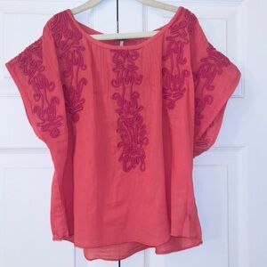 Free People Coral Embroidered Cropped Blouse